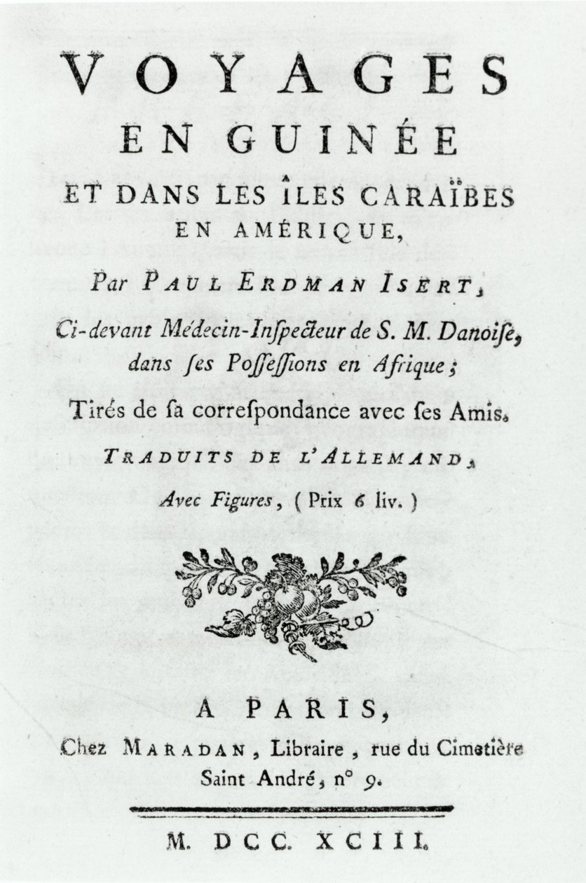Titelseite für Voyages en Guinee et dans les Iles Caraibes en Amerique von Paul Erdman Isert, veröffentlicht 1743 von French School