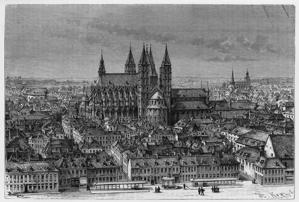Tournai: Außenansicht von Notre-Dame und Panorama der Stadt. Gravur von Barclay zur Illustration der Geschichte „Belgien“ von Camille Lemonnier (1844-1913), belgischer Schriftsteller. Veröffentlicht in Le Tour du monde, nouveau journal des voyages, 2. Seme von French School