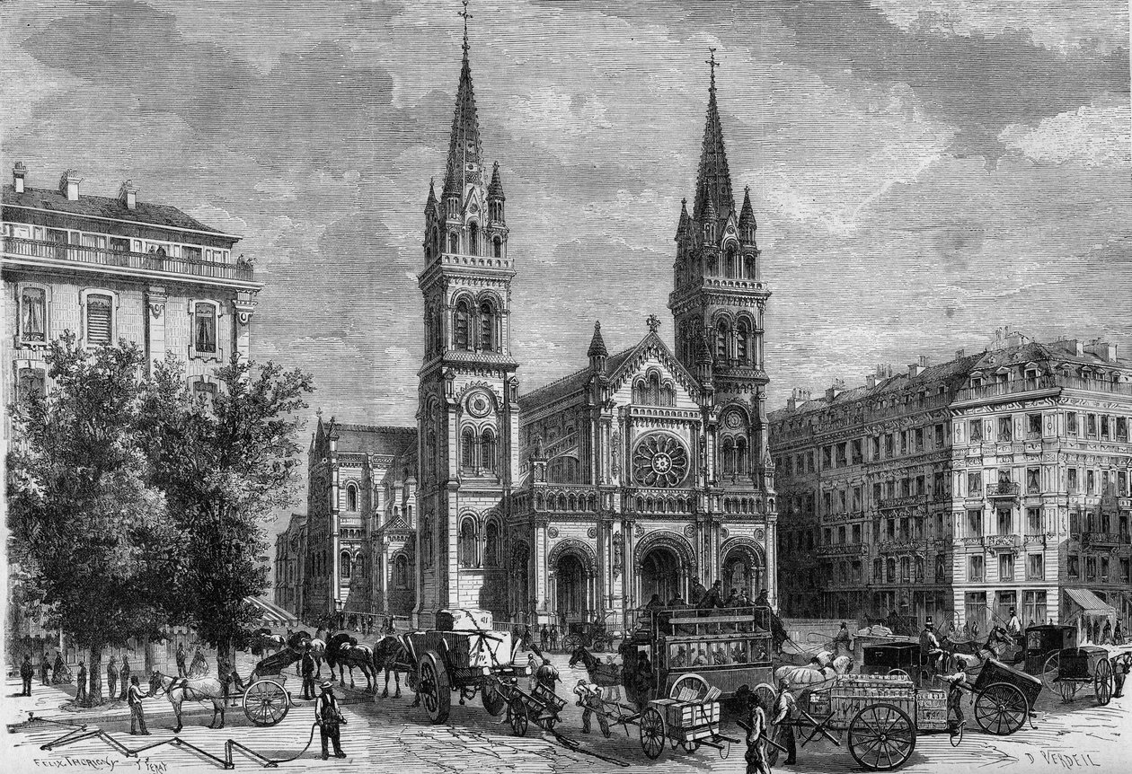 Transformationen von Paris unter dem Zweiten Kaiserreich, Haussmanns Paris: Außenansicht der Kirche Saint Ambroise (Saint-Ambroise) erbaut von Théodore Ballu (1817-1885) von French School