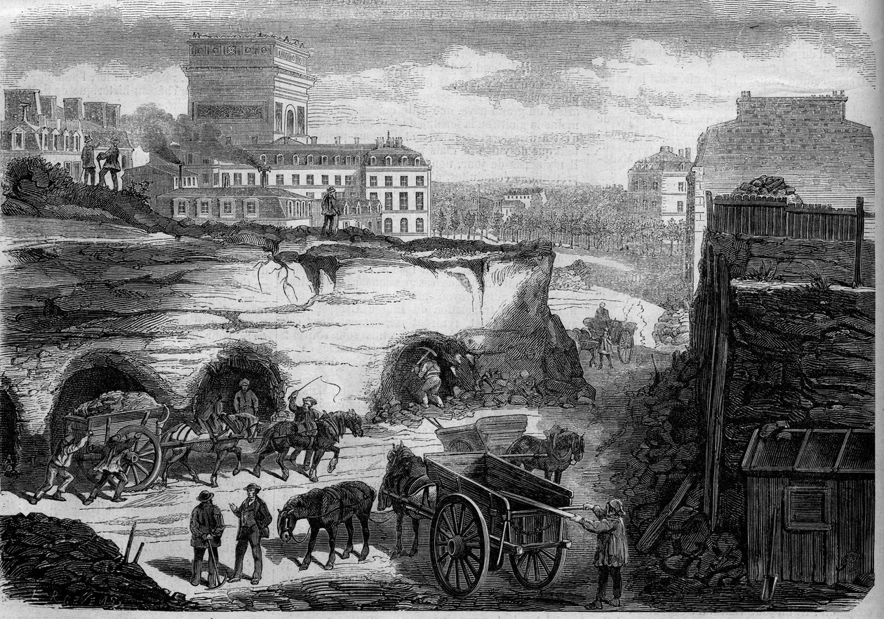 Transformationen von Paris unter dem Zweiten Kaiserreich, Haussmann Paris: Durchbruch des Boulevard du Roi de Rome (heute Avenue de Kleber). Gravur in „Le Monde Illustré“ Nr. 276 vom 26. Juli 1862 von French School