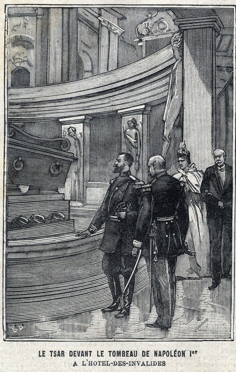 Zar Nikolaus II. von Russland und Zarin Alexandra Fjodorowna Romanowa vor dem Grab von Napoleon I. Bonaparte im Hôtel des Invalides in Paris, in "Le Petit Parisien" von French School