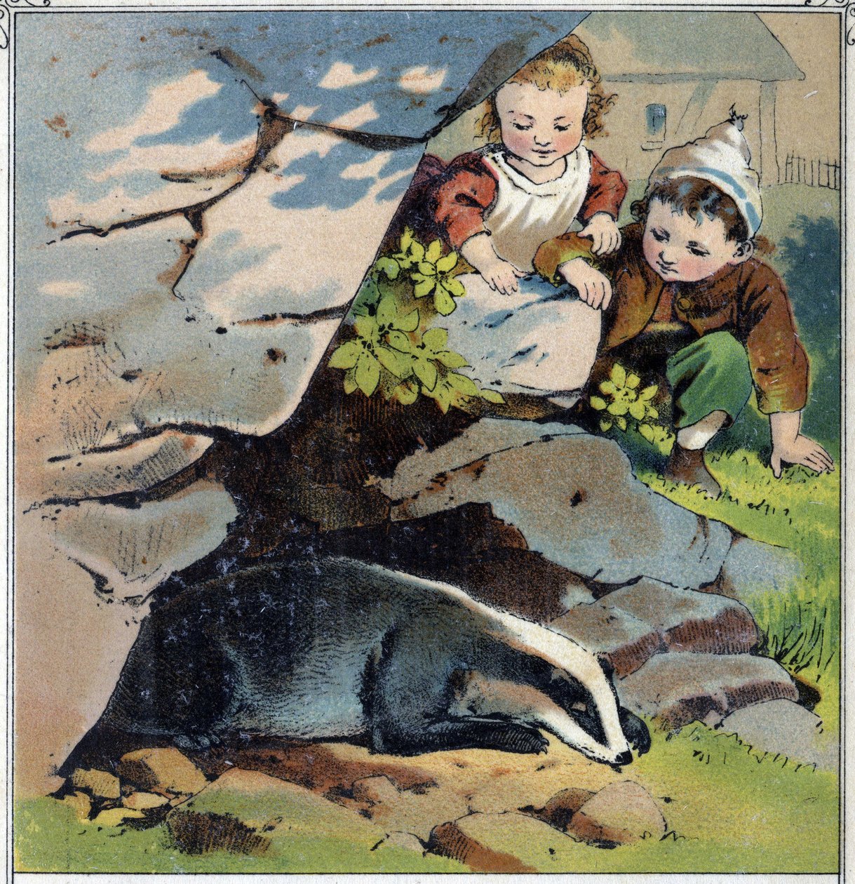 Zwei Kinder beobachten einen Dachs in seinem Bau. Chromolithographie aus „Kindheitsszenen“, ed. Guerin - Muller um 1885. von French School