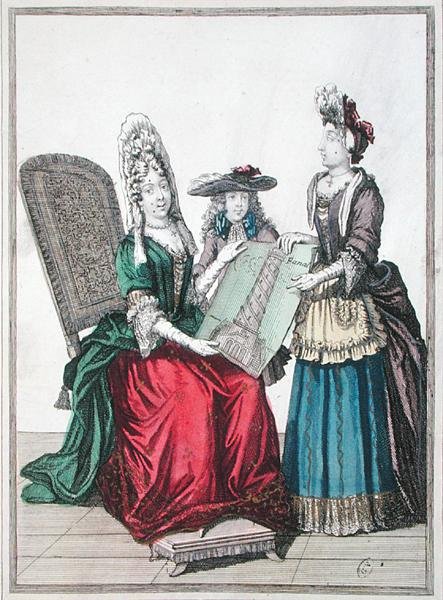 Zwei Frauen und ein Junge bewundern einen Druck des Großen Leuchtturms von Alexandria, späte 17. Jahrhundert von French School