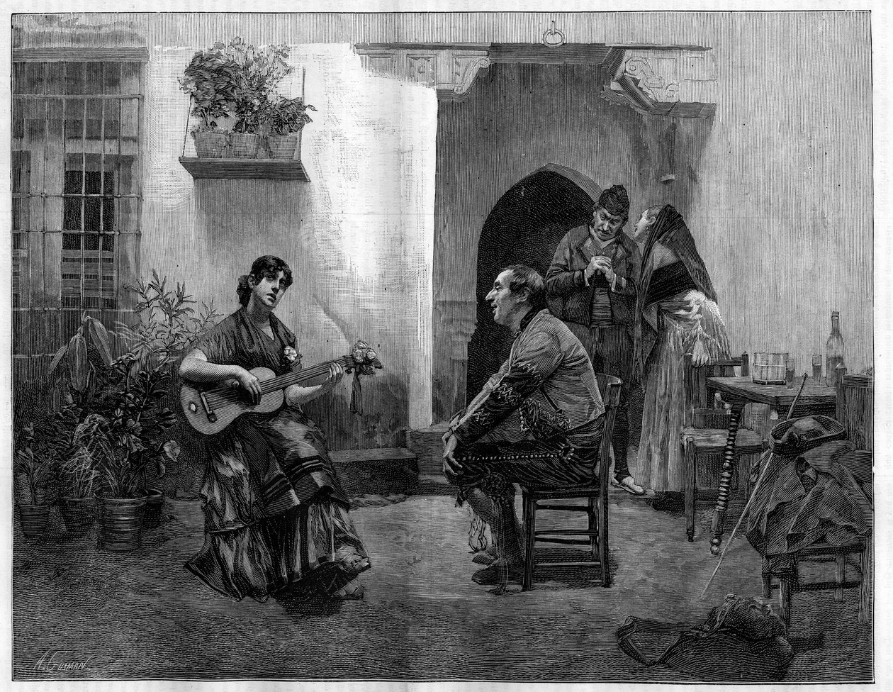Unter dem Zauber: Ein Mann lauscht bewundernd einem jungen spanischen Mädchen, das Gitarre spielt. Gravur nach dem Gemälde von Jules Worms (1832-1914) in "The Illustrous World", 1. Mai von French School