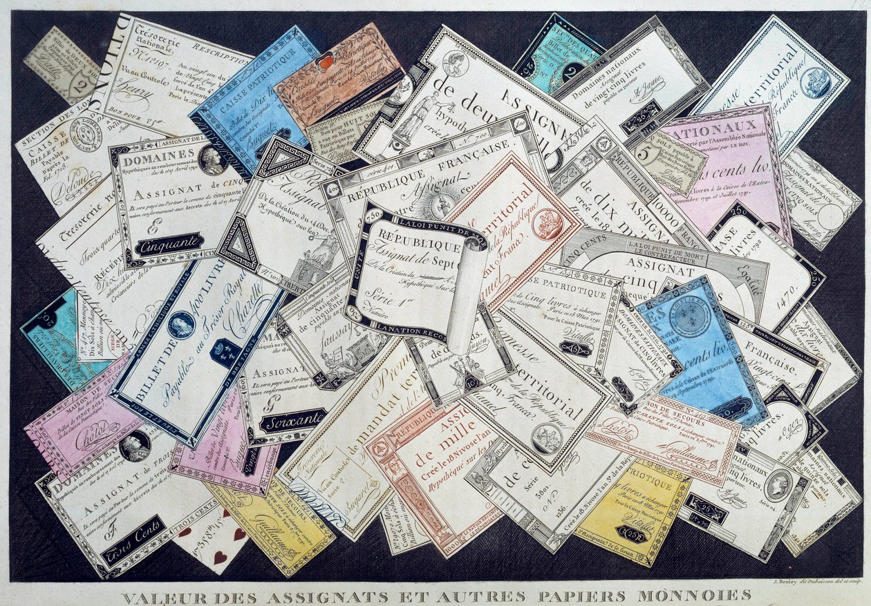 Wert der Assignaten und anderer Papiermünzen während der Französischen Revolution. 18. Jahrhundert. Musee Carnavalet, Paris von French School