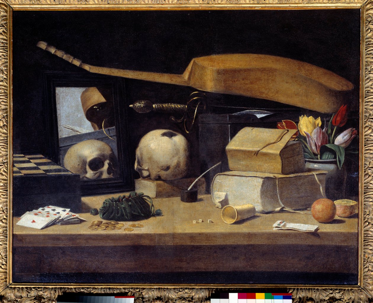 Vanitas Stillleben mit Kartenspiel, Instrument und Schädel von French School