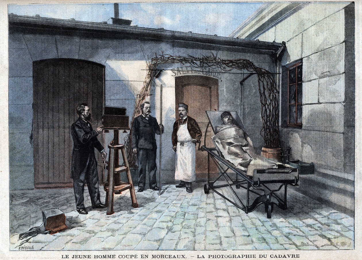 Verschiedene Fakten: das Foto der in Stücke geschnittenen Leiche durch den Dienst von Alphonse Bertillon (1853-1914), einem französischen Wissenschaftler, Schöpfer der Anthropometrie. - in „Le Petit Parisien“ von French School