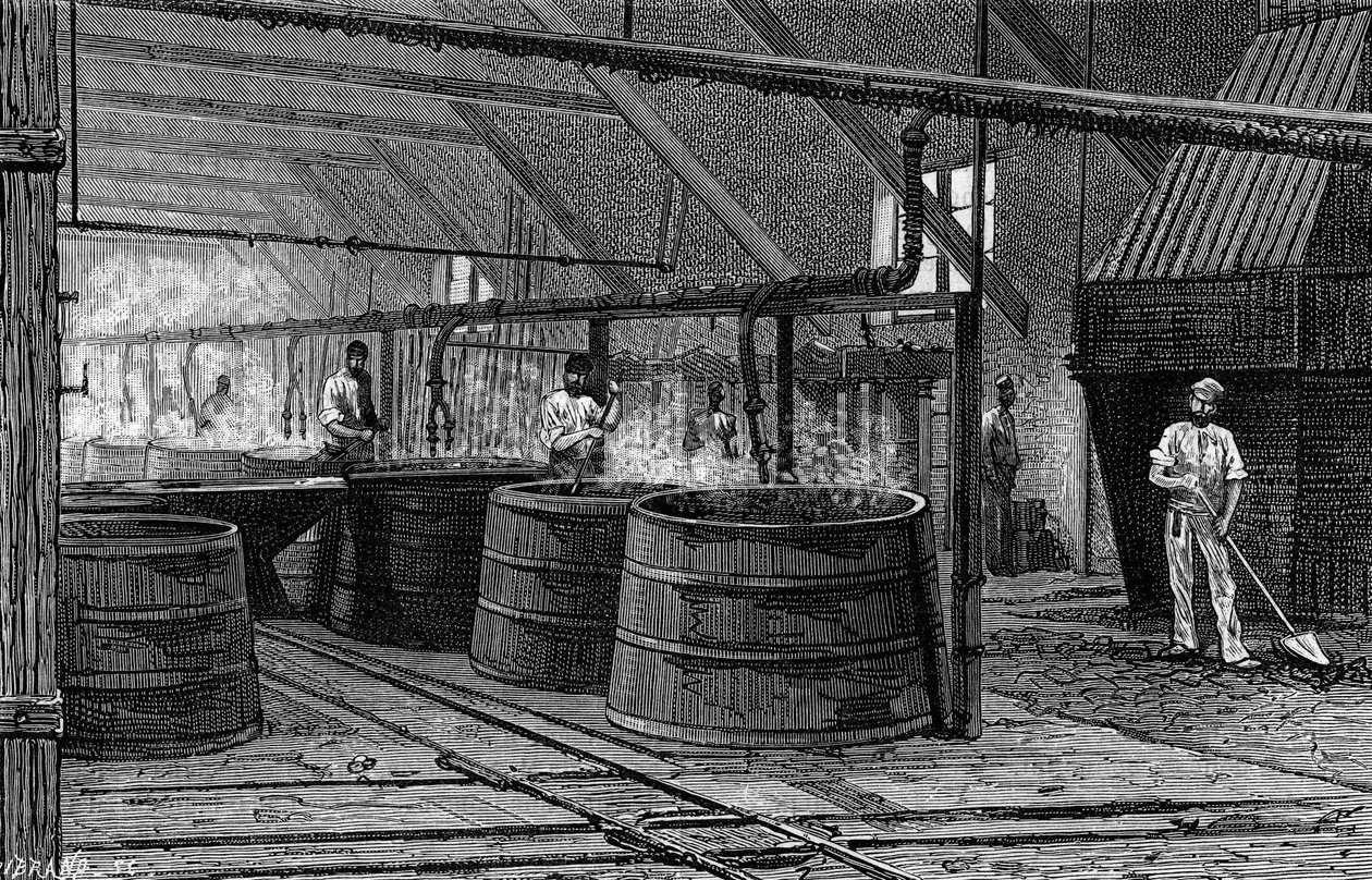 Fässer der Suffrice-Fabrik, die die Seine abschöpfen. Gravur in „Le Journal de la jeunesse“ von French School