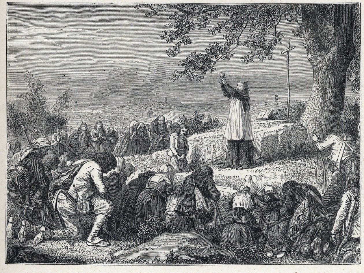 Vendée-Kriege (1793-1796): Priester feiert eine Messe unter einer Eiche für die aufständische Bevölkerung, die geschworene Priester ablehnt. Gravur von 1889. Private Sammlung von French School