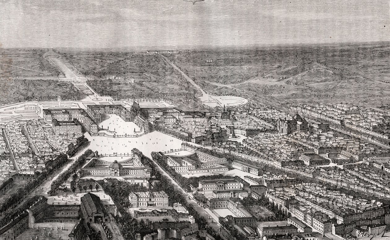 Versailles mit seinem Schloss im 19. Jahrhundert - Gravur in „La France illustrée: Geographie, Geschichte, statistische Verwaltung“ von V.A. Malt-Brown. 1884 von French School
