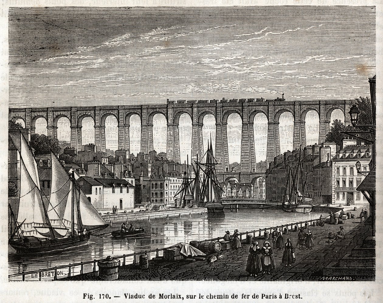 Viadukt von Morlaix, auf der Eisenbahnstrecke von Paris nach Brest (Frankreich). Gravur von Lebreton et Marchand, in „Les Merveilles de la Science“ von Louis Figuier (1819-1894), Jouvet et Cie Ausgabe von French School