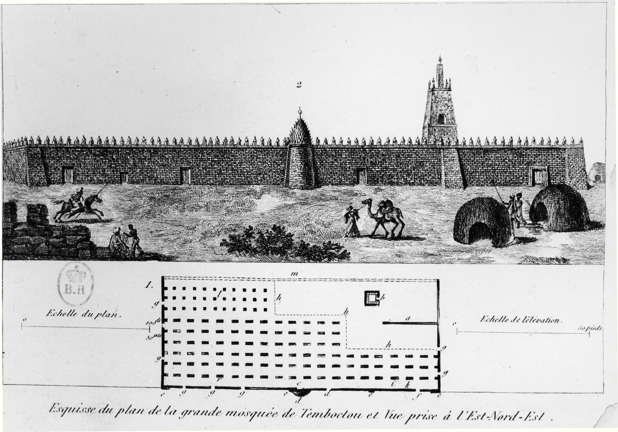 Ansicht und Plan der großen Moschee in Timbuktu, aus Journal dun voyage a Tombouctou von Rene Caillie, 1830 von French School