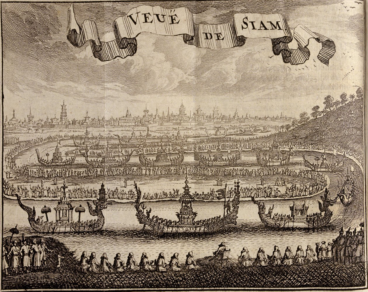Ansicht von Ayutthaya mit königlichen Barken, aus Voyage du Siam des Peres Jesuites von Guy Tachard, 1688 von French School
