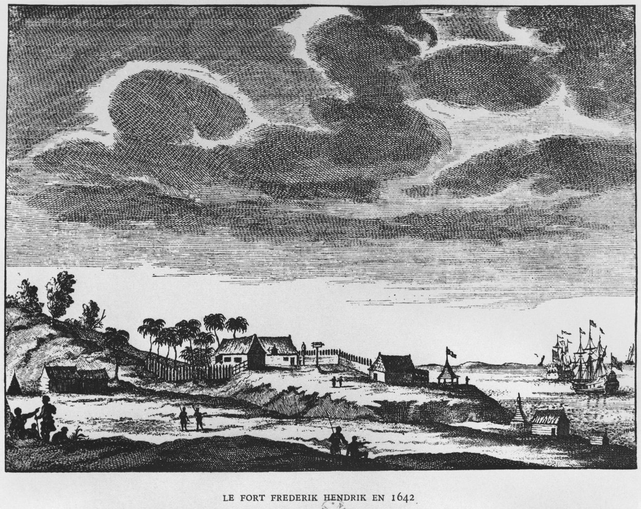 Ansicht von Fort Frederik Hendrik, Mauritius, 1642, Illustration aus Le Premier Etablissement Neerlandais a Maurice von Prinz Roland Bonaparte, 1890 von French School