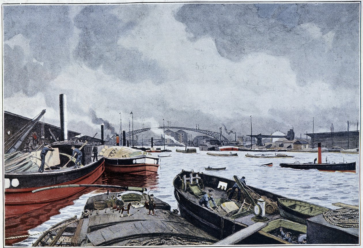 Ansicht von Paris, der Seine und dem Becken von Villette, Aquarell von Brun, 1889 von French School