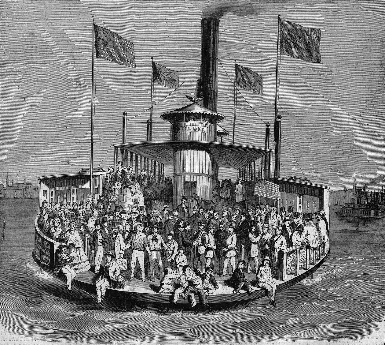 Ansicht eines Dampfers, der Verbindungen zwischen den Inseln und der Stadt New York herstellt. Gravur von French School