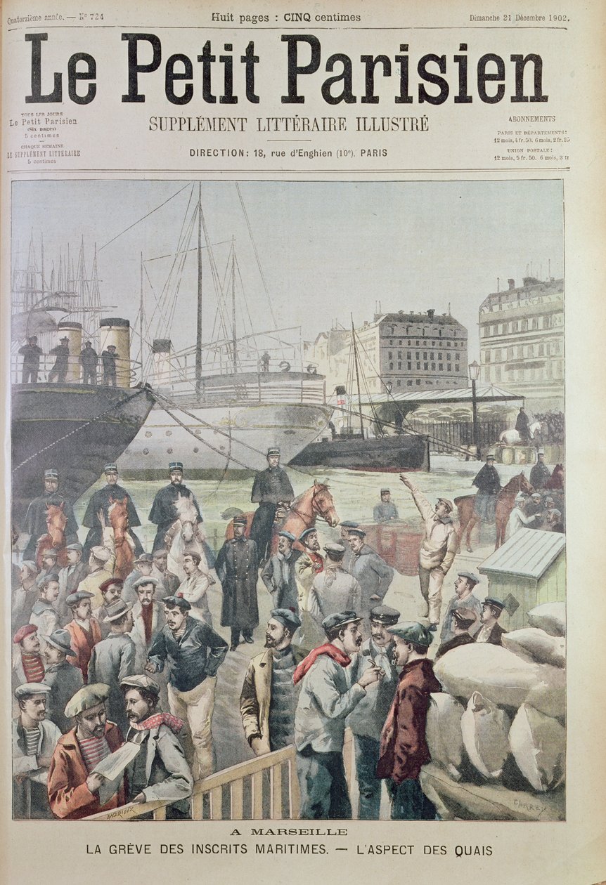 Ansicht der Docks in Marseille während des Seestreiks, von der Titelseite von Le Petit Parisien, 21. Dezember 1902 von French School