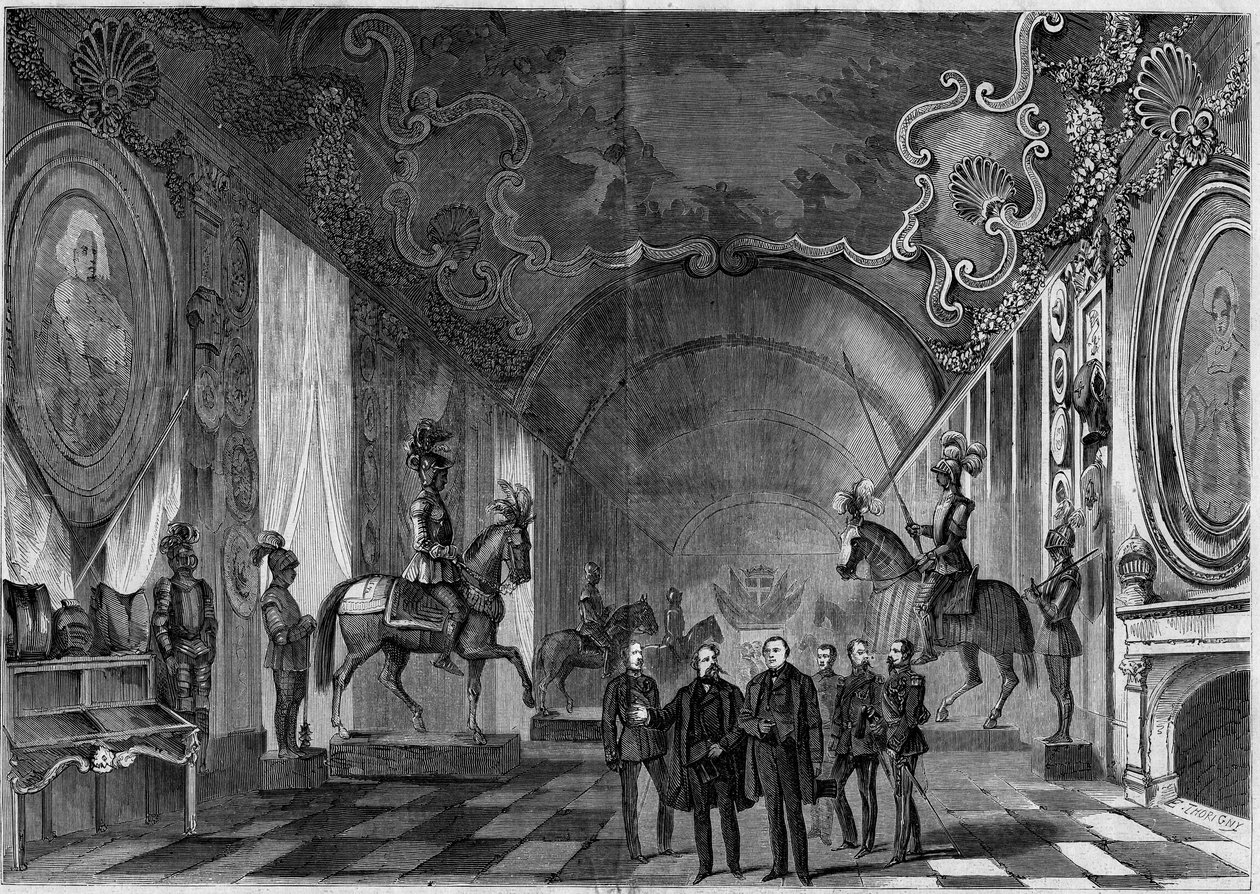Ansicht des Waffensaals des Palastes von Turin (Italien) während des Besuchs von König Viktor Emanuel II. (1820-1878) und Prinz Napoleon (1822-1891) von French School