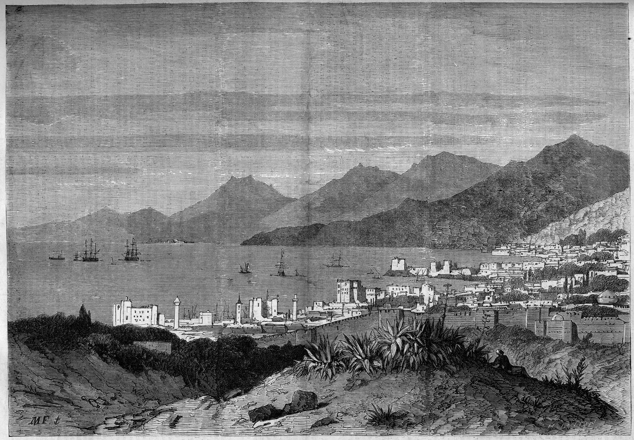 Ansicht der Stadt Beirut im Jahr 1860. Gravur in „The Illustrous World“ Nr. 172 vom 28. Juli 1860 von French School