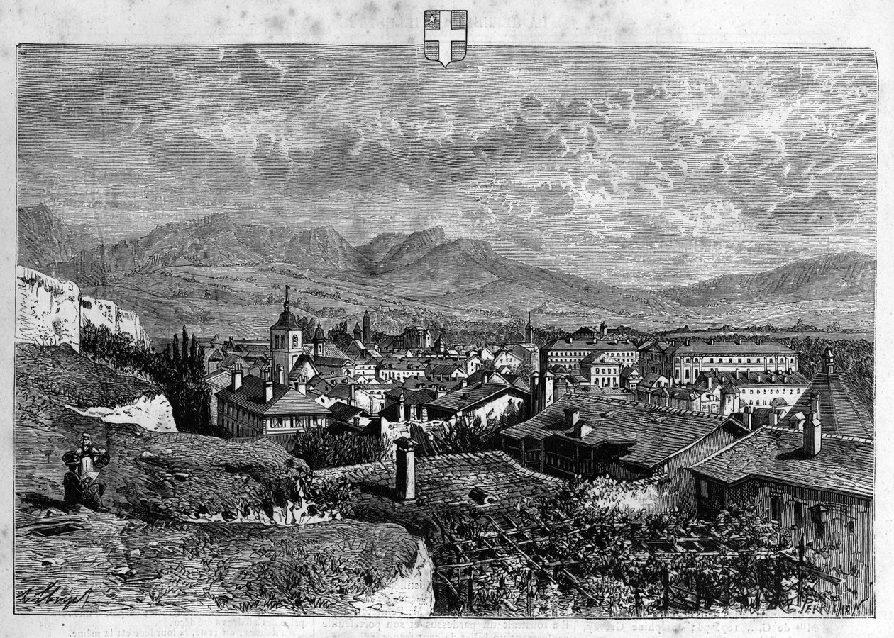 Ansicht der Stadt Chambéry in Savoyen. Gravur von 1880 in „La république illustrée“ private Sammlung. von French School