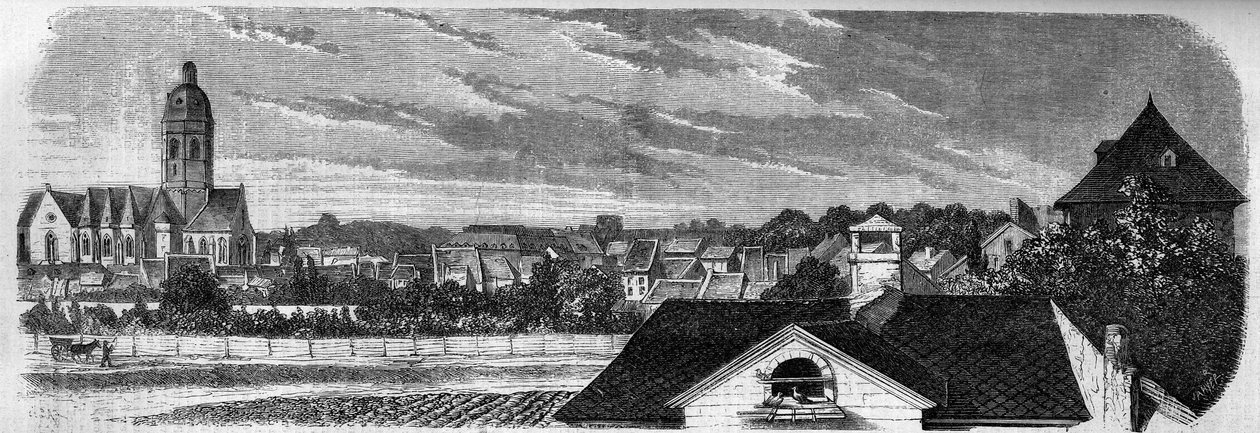 Ansicht des Stadtteils Kastrich in Mainz (Deutschland) vor der Explosion des Pulverfasses im Jahr 1857. Nach einer Fotografie. Gravur in „Le Monde Illustré“ Nr. 36 vom 19. Dezember 1857 von French School