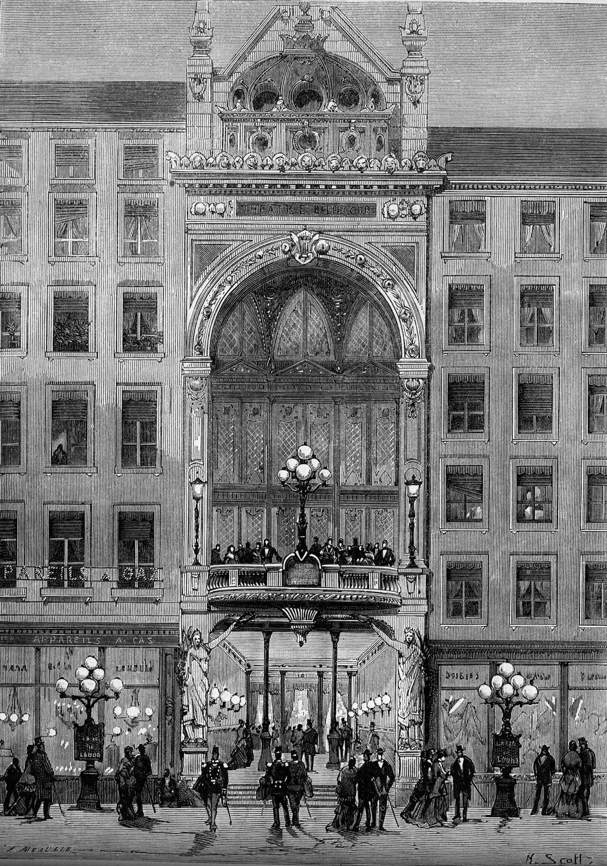 Ansicht der Fassade des Bellecour-Theaters in Lyon, erbaut von Jules Chatron (1831-1884) im Jahr 1879. Gravur in "Le Monde Illustré" Nr. 1176 vom 11. Oktober von French School