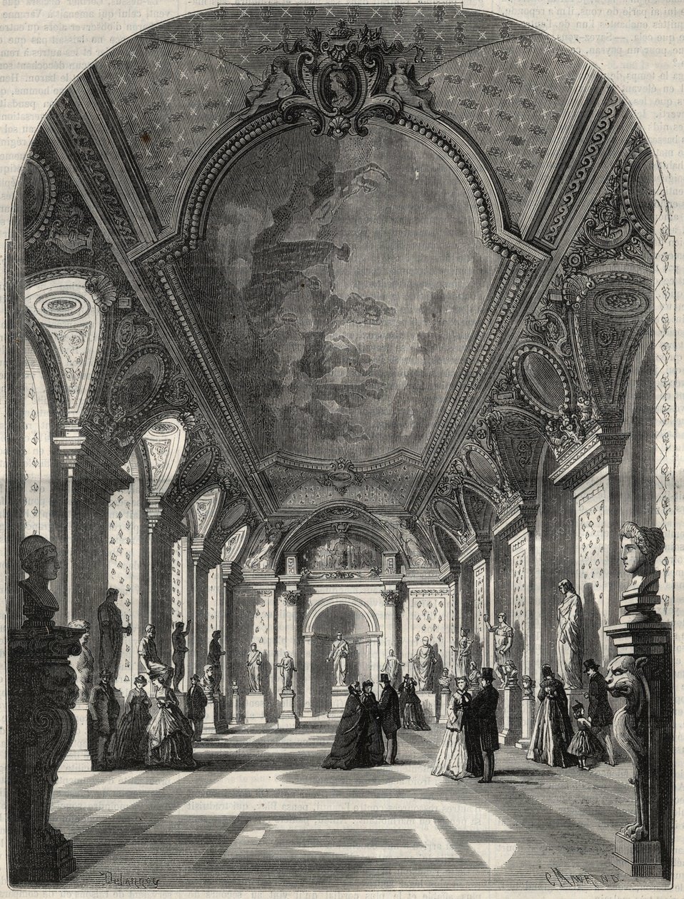 Ansicht des neuen Raums der römischen Kaiser im Musée des Antiques du Louvre. Gravur in „L