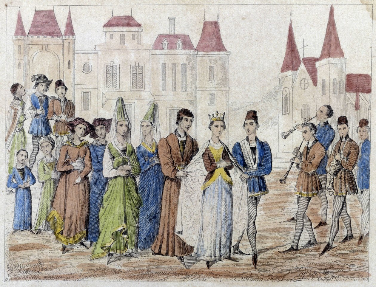 Dorfhochzeit unter Karl V. - Gravur 19. Jahrhundert. von French School
