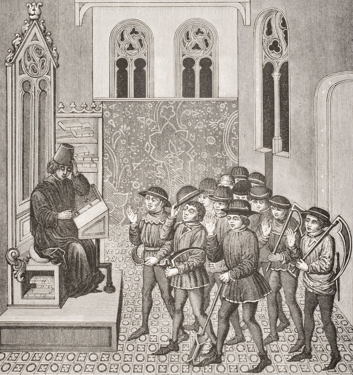 Bösewichte erhalten die Befehle ihres Herrn, bevor sie zur Arbeit gehen, nach einer Miniatur in einem Manuskript aus dem 15. Jahrhundert, aus Le Moyen Age et La Renaissance von Paul Lacroix (1806-84) veröffentlicht 1847 von French School