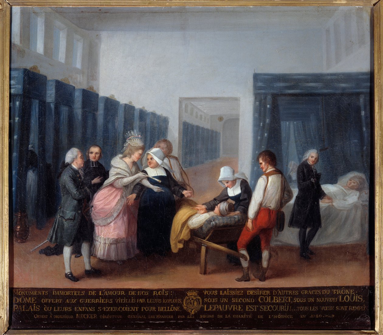 Besuch von Monsieur und Madame Necker im Hospiz der Barmherzigkeit Dies ist ein Krankenhaus (heute Necker-Krankenhaus in Paris), das 1778 vom Minister und seiner Frau, einer Schriftstellerin, gegründet wurde. Gemälde der französischen Schule. 18. Jahrhunde von French School