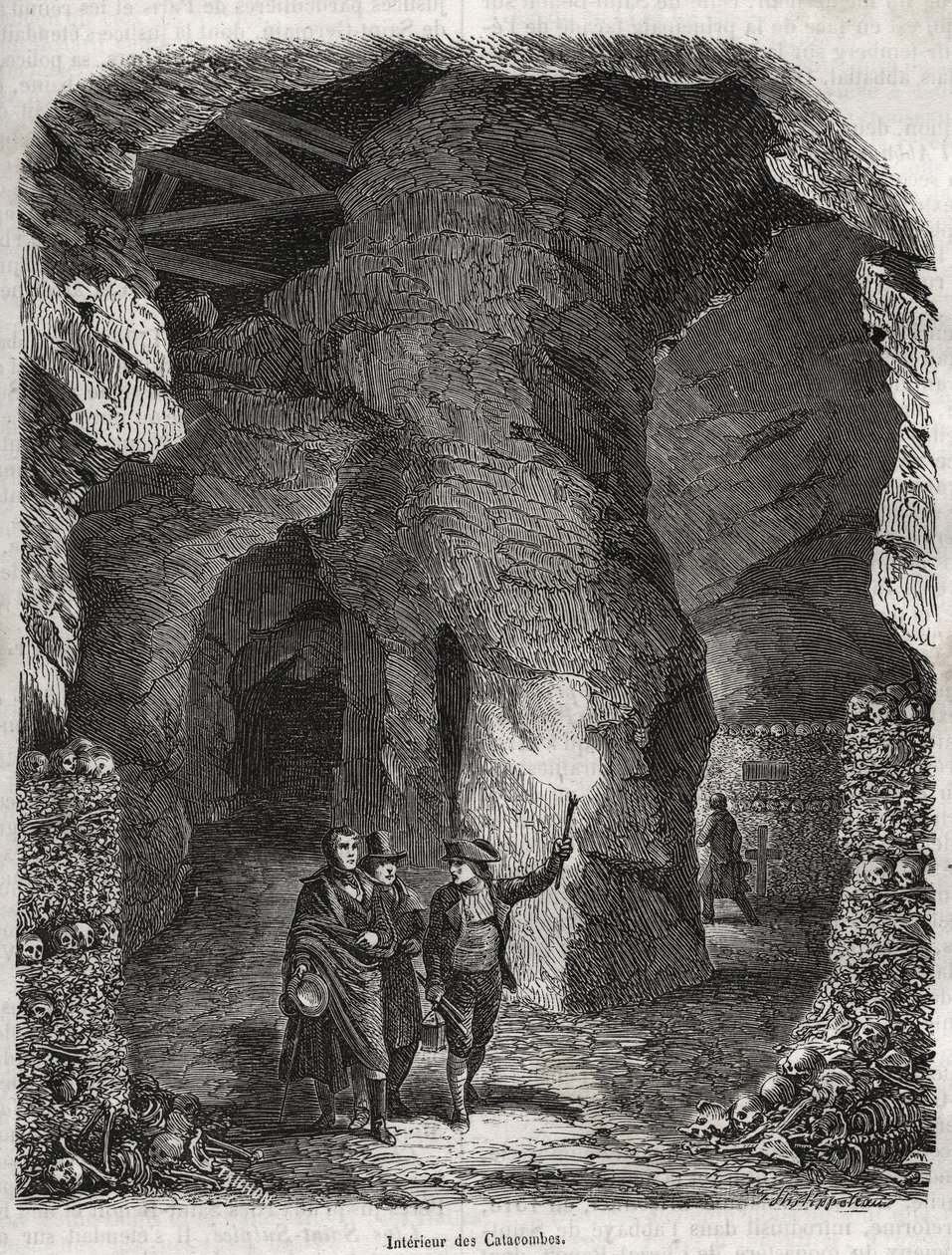 Besuch der Katakomben von Paris im 19. Jahrhundert - Gravur in „Physische, zivile und moralische Geschichte von Paris: von den ersten historischen Zeiten bis zur Gegenwart“ von Jacques Antoine Dulaure von French School
