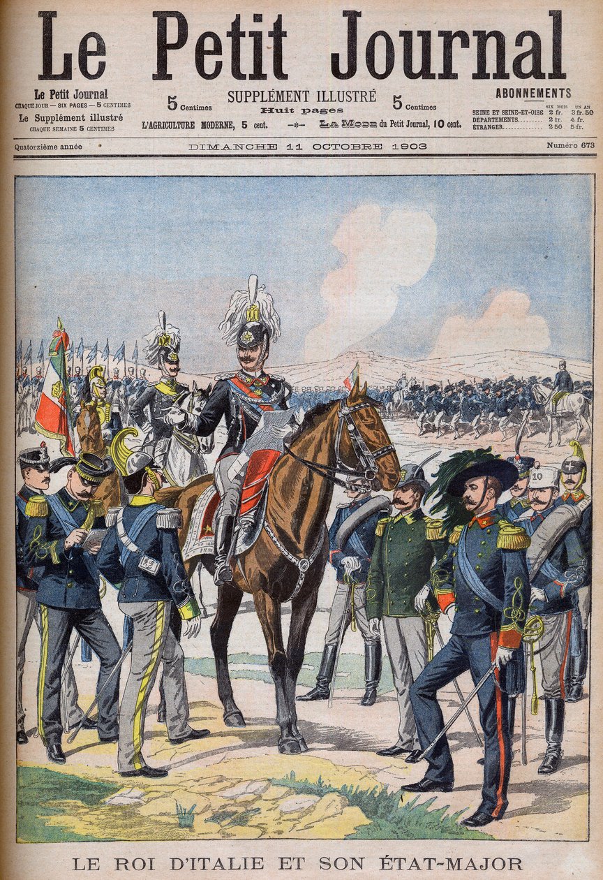 Vittorio Emanuele III. di Savoia - König Viktor Emanuel III. von Italien und sein Generalstab. Der König von Italien und sein Stab. Illustration für Le Petit Journal. von French School