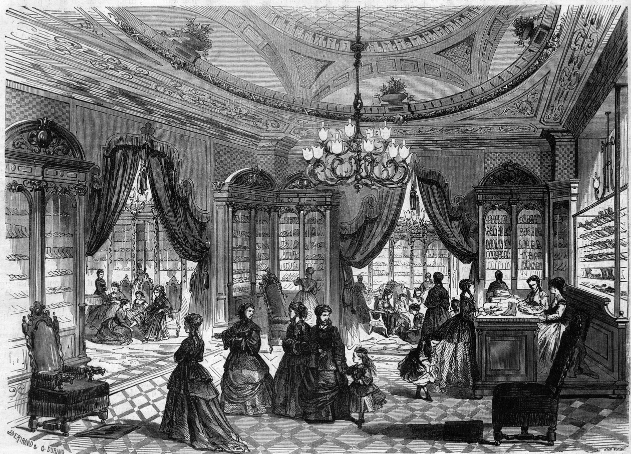 Innenansicht des Schuhgeschäfts von M. Herbert, 93 Rue de Richelieu in Paris. Gravur in „Le Monde Illustré“ Nr. 613 vom 9. Januar 1869. von French School
