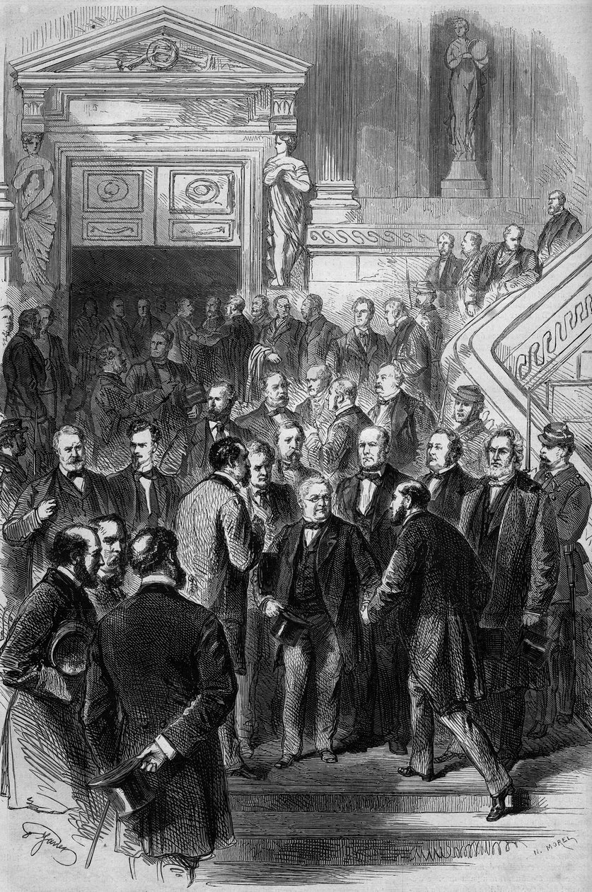 Krieg von 1870: Präsident des Rates Adolphe Thiers (1797-1877) erhielt die Glückwünsche der Abgeordneten bei seiner Freilassung aus der Nationalversammlung, die am 19. Februar 1871 in Bordeaux versammelt war. Er hat gerade die Investitur seiner Regierung e von French School