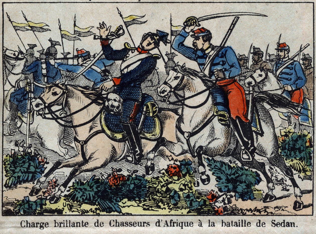 Krieg von 1870 zwischen Frankreich und Preußen: Angriff der afrikanischen Jäger in der Schlacht von Sedan 1870. Bild von Epinal. von French School