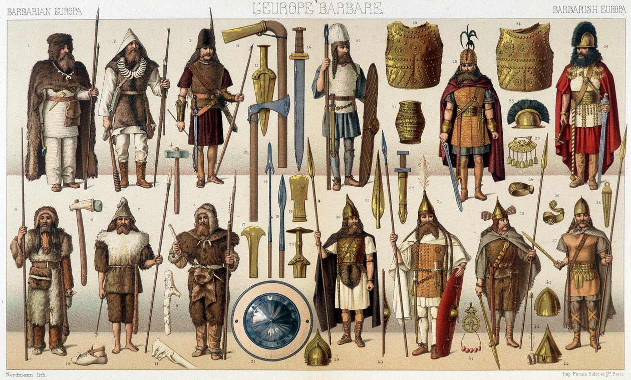 Waffen und Kostüme der Barbarenzeit - in „Das historische Kostüm“ von Racinet von French School