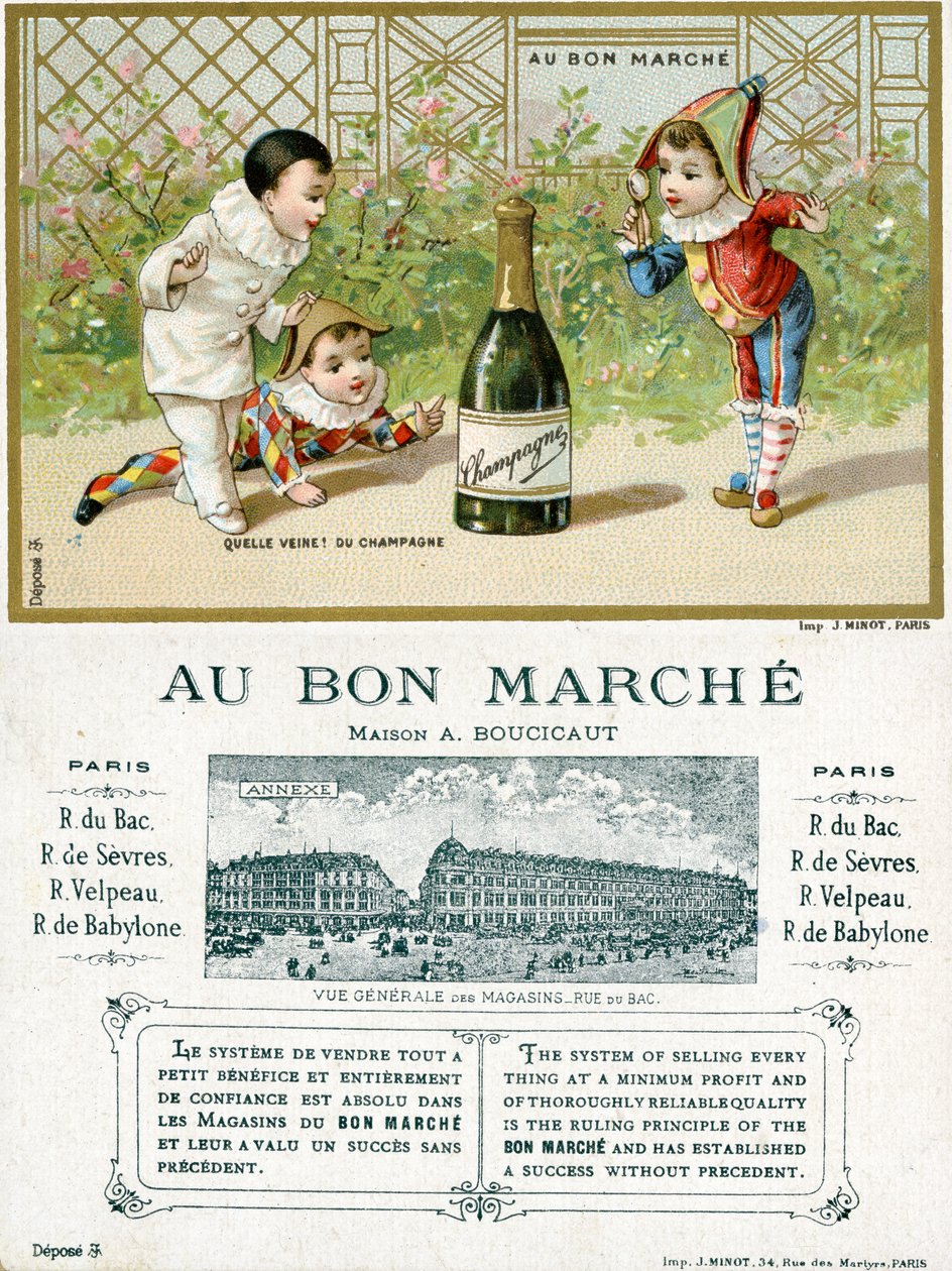 Was für ein Glück! Eine Flasche Champagner; Vorder- und Rückseite einer Werbekarte für die Bon Marché Kaufhäuser in Paris, ca. 1895 von French School