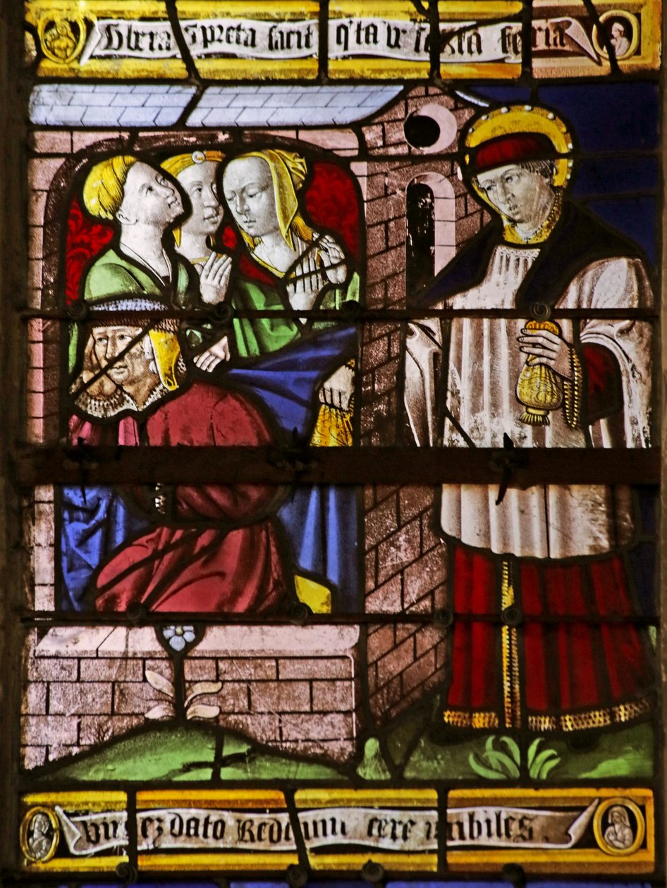Fenster mit dem Heiligen Nikolaus, der Geld für den Vater von drei Mädchen hinterlässt, um ihre Prostitution zu vermeiden (Buntglas) von French School
