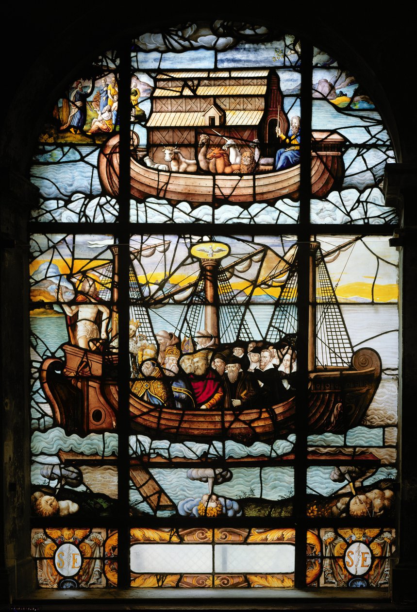 Fenster, das ein Schiff mit Heiligen und die Arche Noah darstellt, 1612-22 von French School