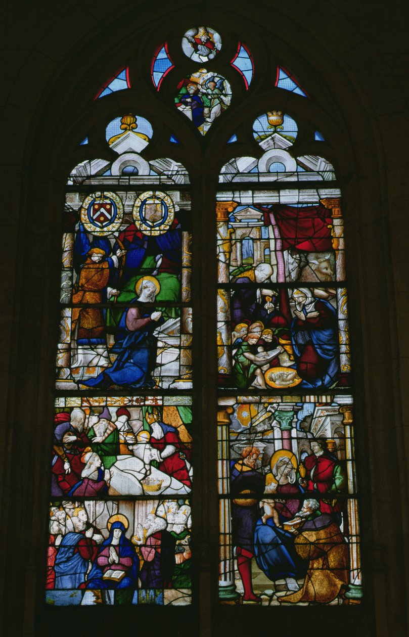 Fenster, das die Verkündigung, Geburt Christi, Darstellung und Anbetung der Heiligen Drei Könige darstellt von French School