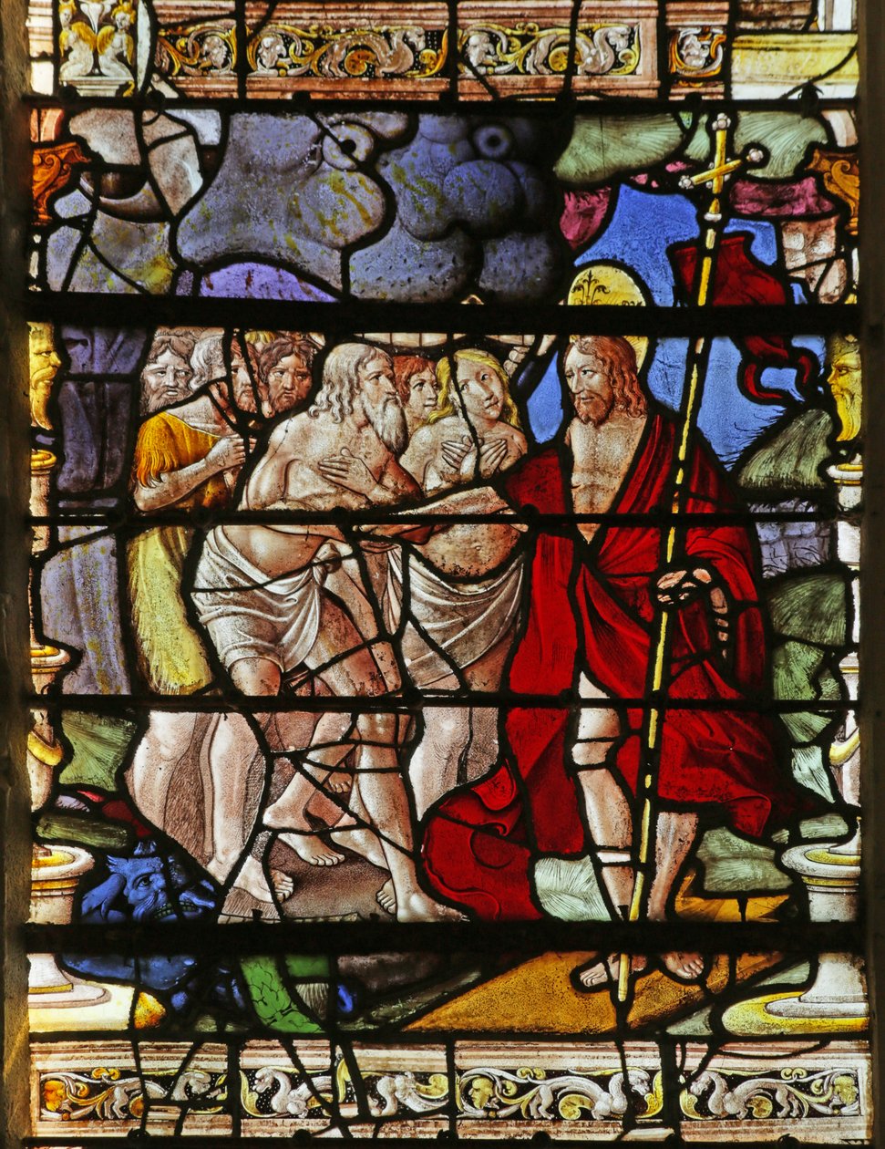 Fenster, das die Höllenfahrt Christi darstellt von French School