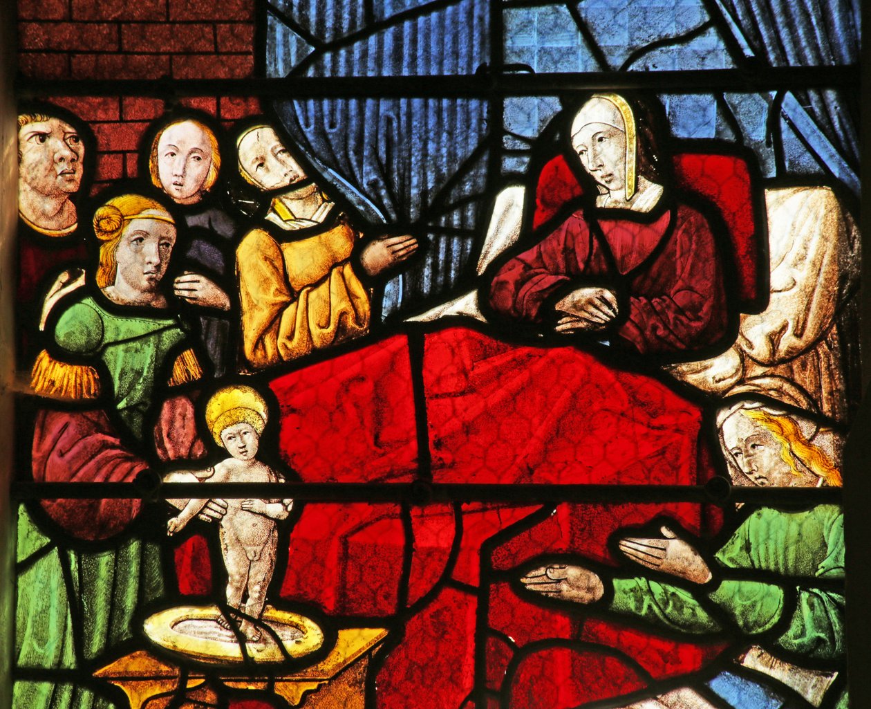 Fenster, das die Geburt des Heiligen Nikolaus darstellt von French School