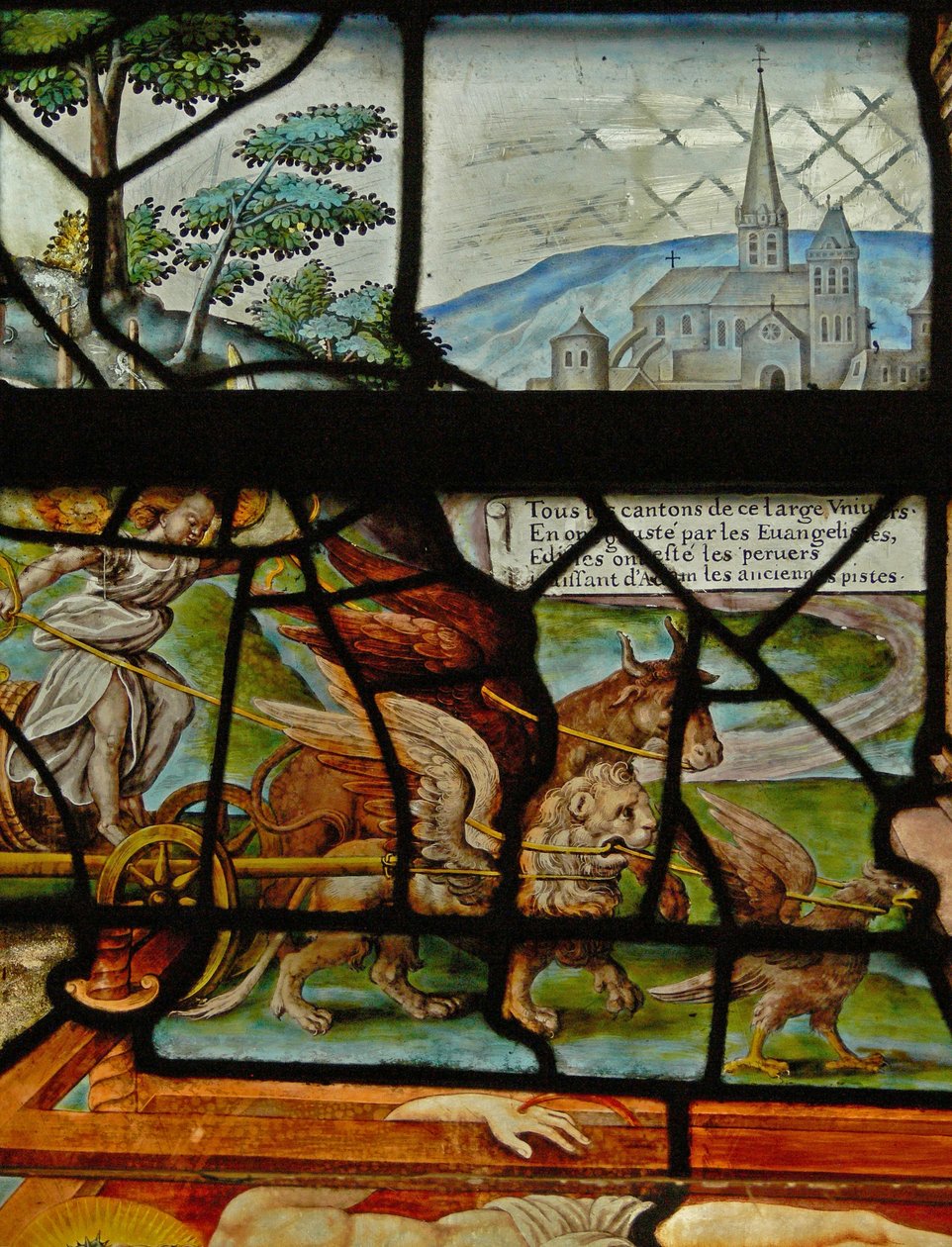 Fenster im Charnier (w.11) zeigt ein Detail aus der mystischen Weinpresse. von French School