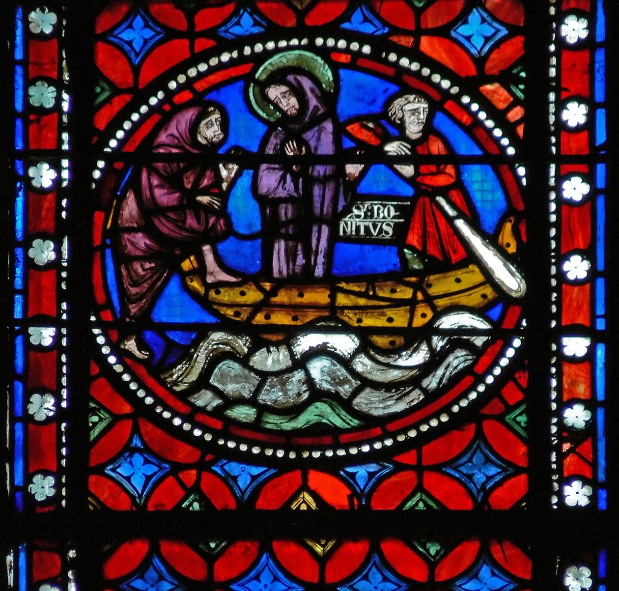 Fenster s1-R, eine Szene aus der Reise des heiligen Bonnet nach Rom und Abenteuer darstellend von French School