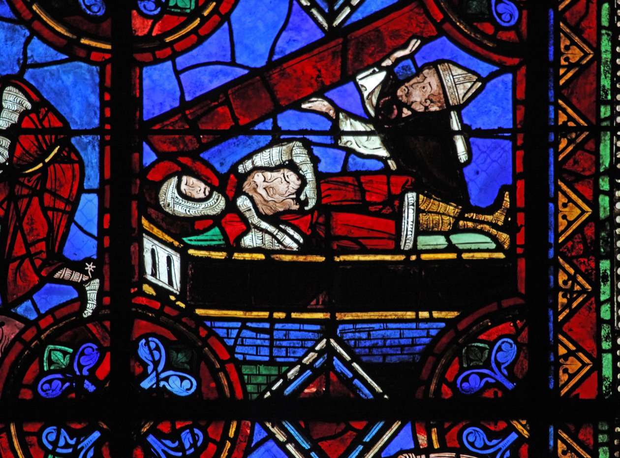 Fenster w06, Darstellung der Geschichte des Heiligen Julian von Brioude - der Tod des Heiligen Ferreol, ein Freund von Julian, der während der Diokletianischen Verfolgungen starb; Heiliger Ferreol wird mit Brioudes Kopf begraben. Sie werden entdeckt von French School