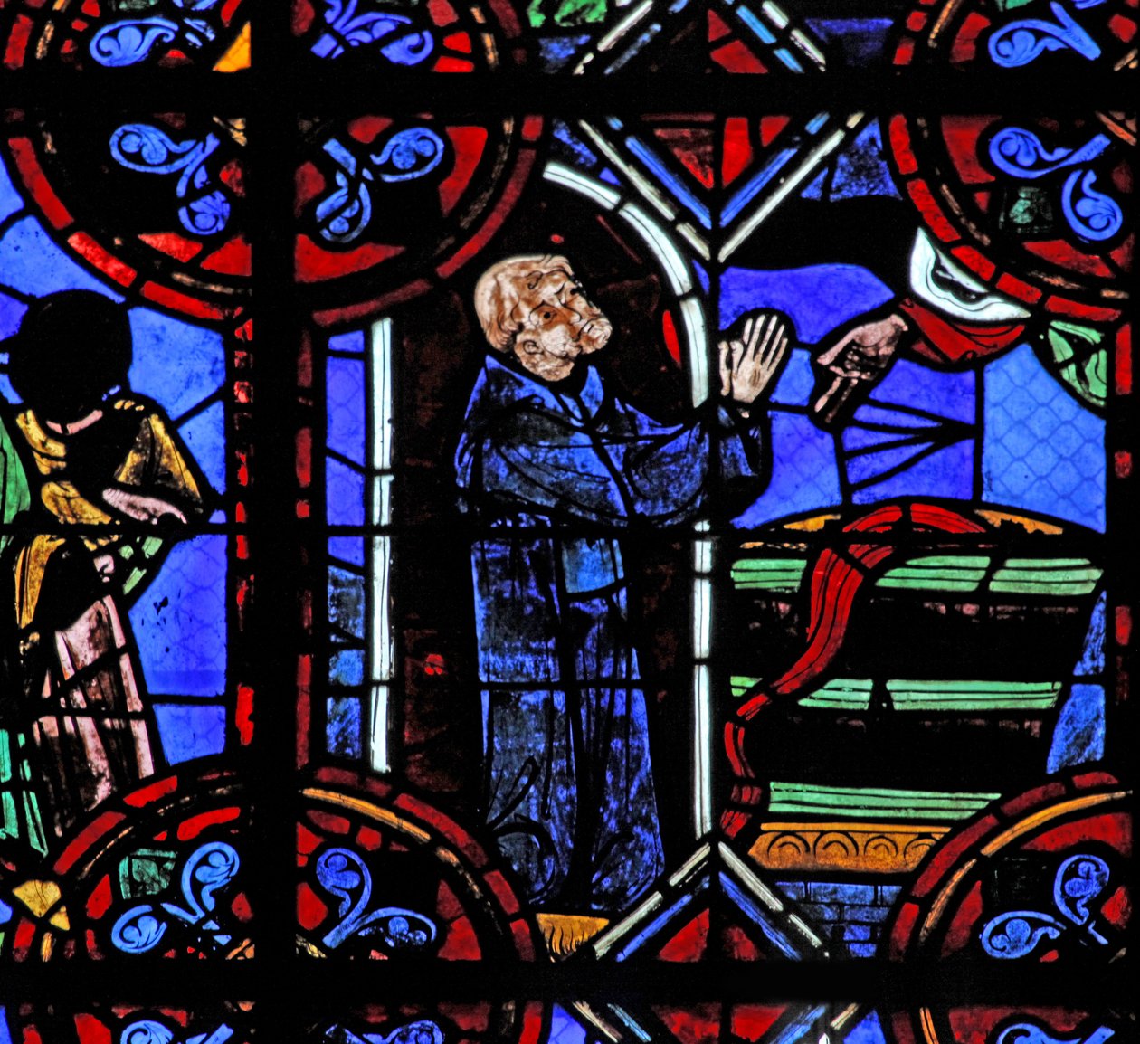 Fenster w06, Darstellung des Wunders des vollen Weinfasses bei der Gründung der Abtei des Heiligen Julian von French School