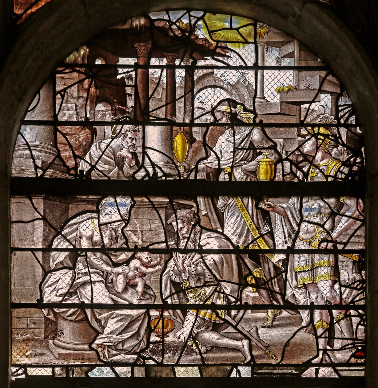Fenster w10, Die Anbetung der Magier: Entwürfe von Dürer und Anpassungen der Entwürfe des Meisters von Des für die Geschichte von Psyche von French School