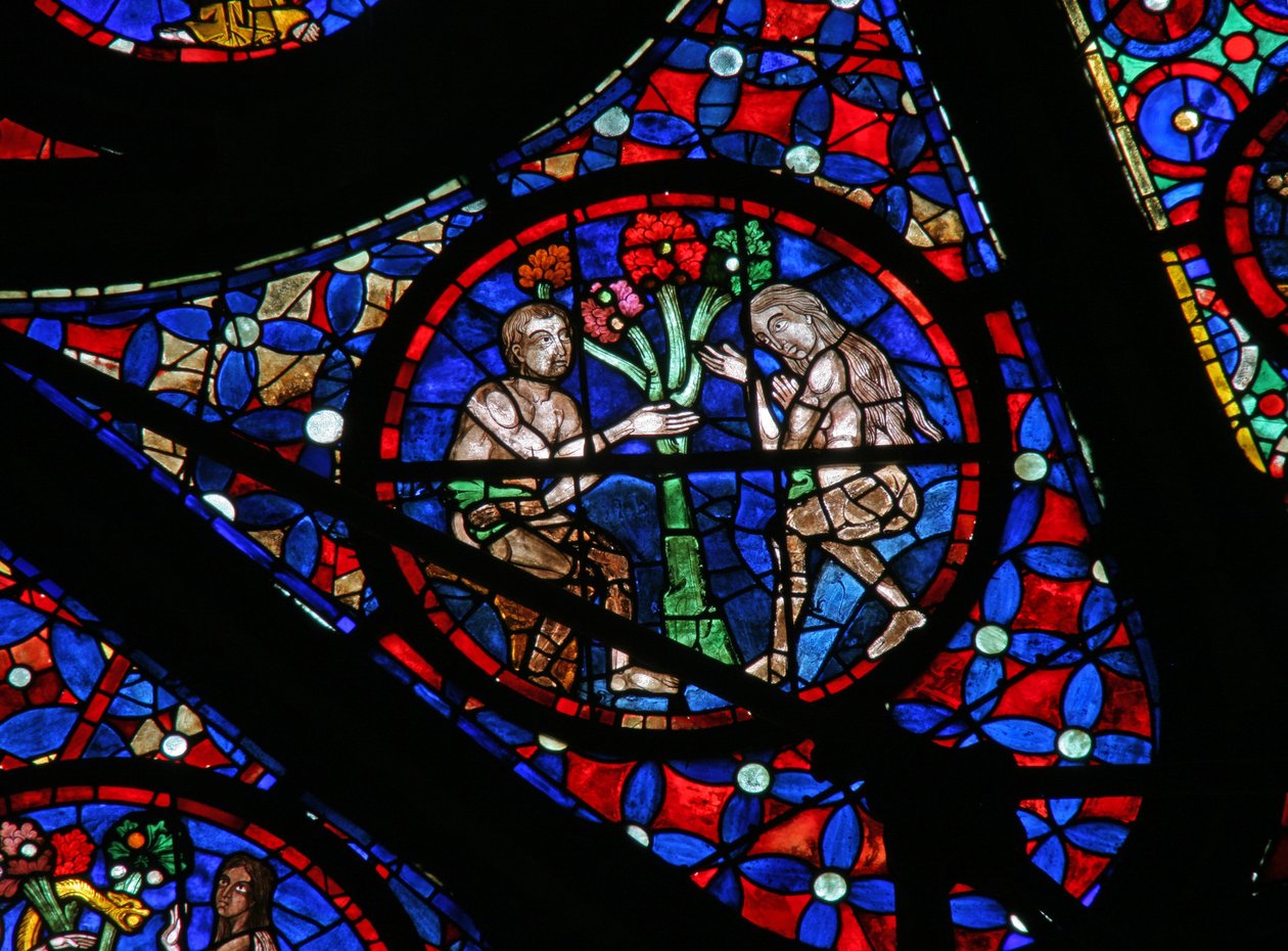 Fenster w115, Adam und Eva verführt durch das Wissen vom Baum der Erkenntnis von Gut und Böse darstellend von French School