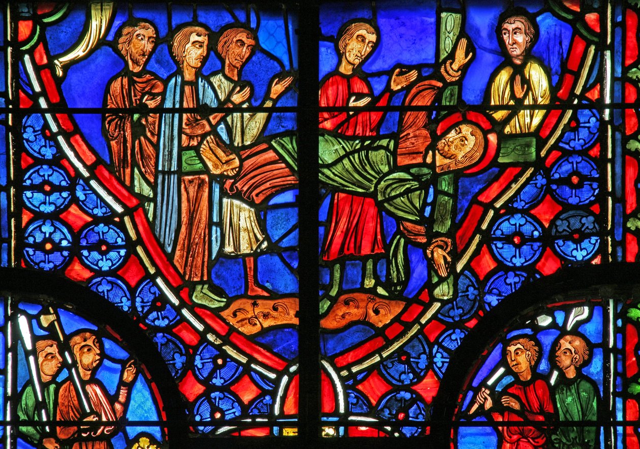 Fenster w11, St. Andreas an sein Kreuz gebunden und predigt der Menge von French School