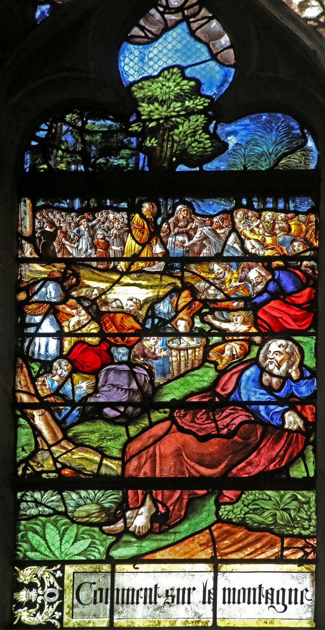Fenster w12 mit Darstellung eines Details aus dem Wunder der Speisung der 5000 von French School